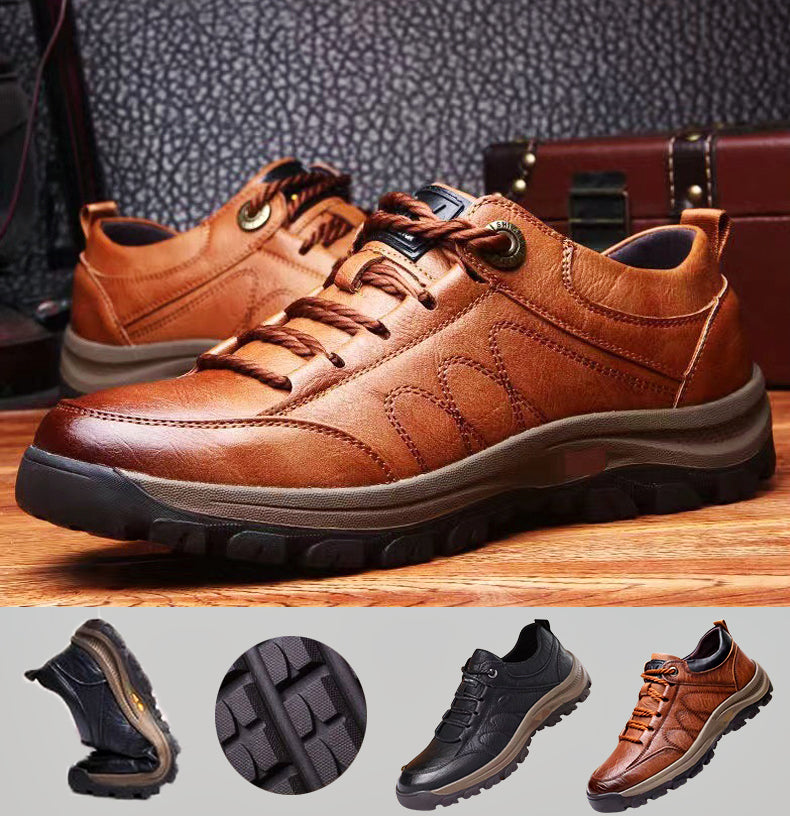 Handgenähte Herren-Freizeitschuhe | Echtes Rindsleder | Orthopädisches Drei-Fuß-Stützdesign | Rutschfeste Gummisohle | Wasserabweisend & Atmungsaktiv | Schwarz & Braun