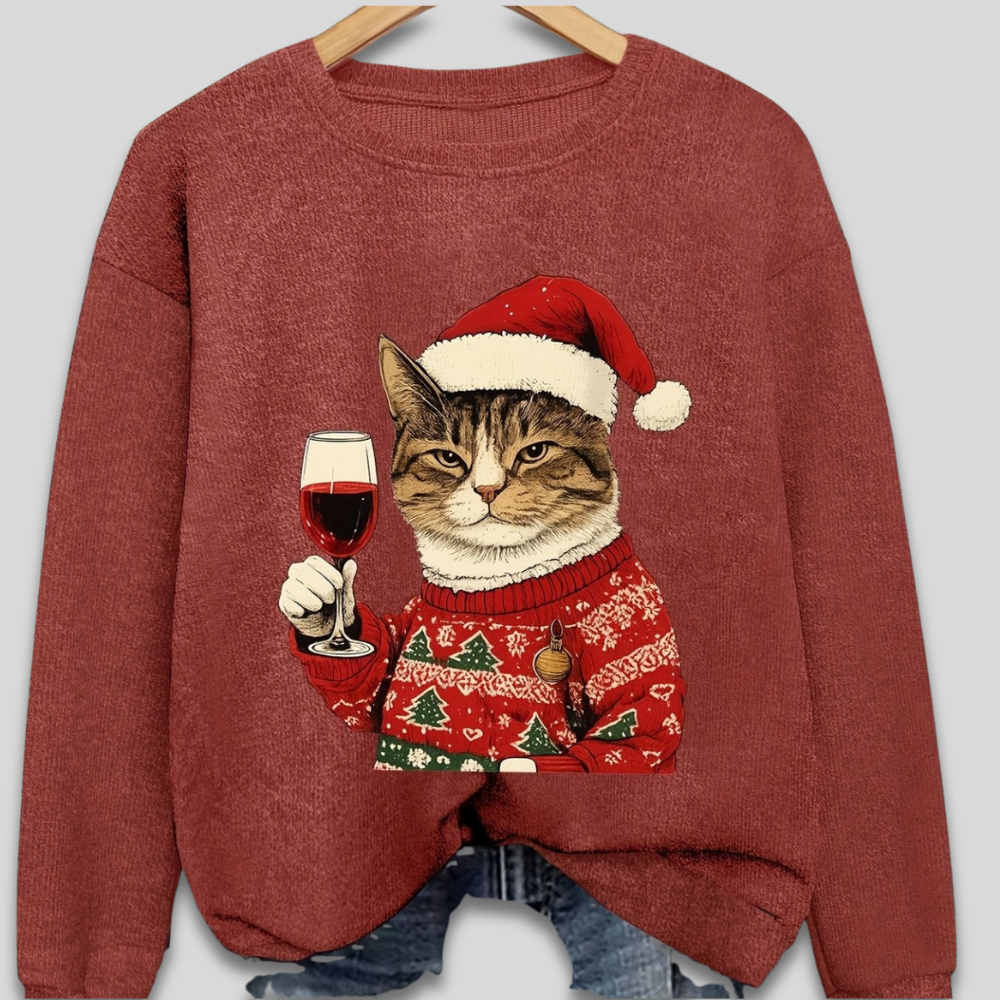 Frauen hässlicher Weihnachtspullover, lustiger Katzen-Santa-Pullover